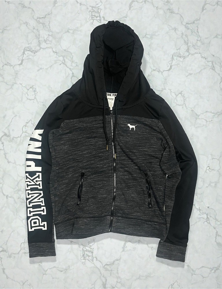 Victoria's Secret PINK Womens M Full Zip Hoodie Gray Black Colorblock Spell Out