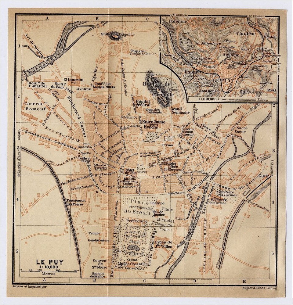 1914 Original Antique City Map Of Le Puy-En Velay / Haute-Loire / France