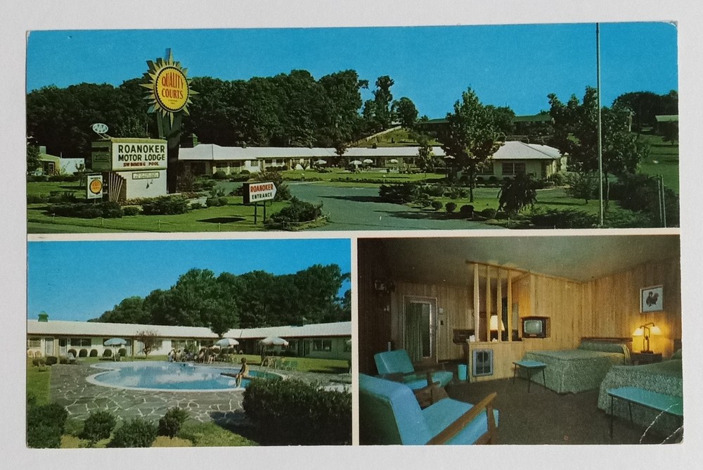 Roanoker Motor Lodge Roanoke VA Postcard 1963 Quality Courts Pool Interior