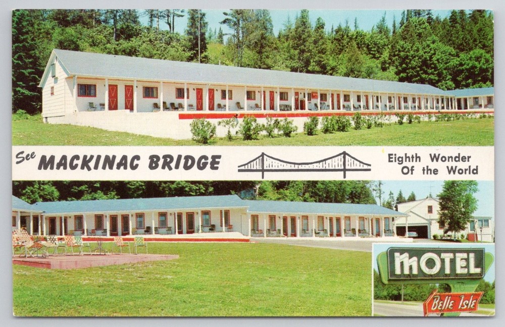 Belle Isle Motel St. Ignace Michigan Postcard Mackinac Bridge Linen Vintage