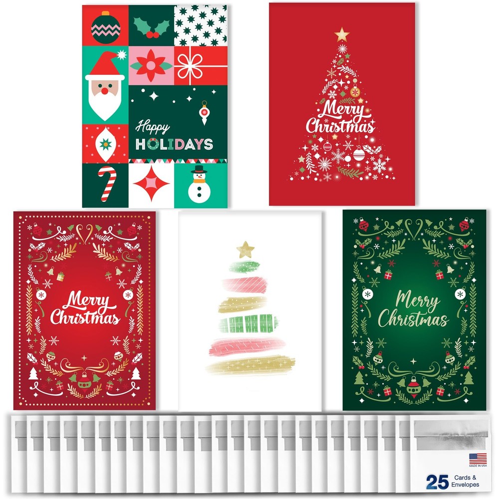 Merry Christmas Cards with Envelopes (25 Assortment Pack – 5 Designs) Holiday...