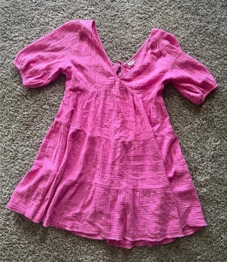 Aerie Dress Womens M Pink Cotton Gauze Trapeze Swing Puff Sleeve Mini Sundress