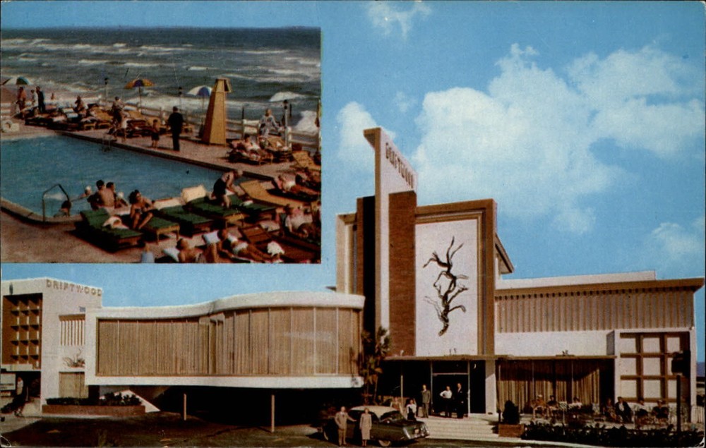 Driftwood Motel ~ Miami Beach Florida ~ pool multi-view ~ 1950s car ~ postcard