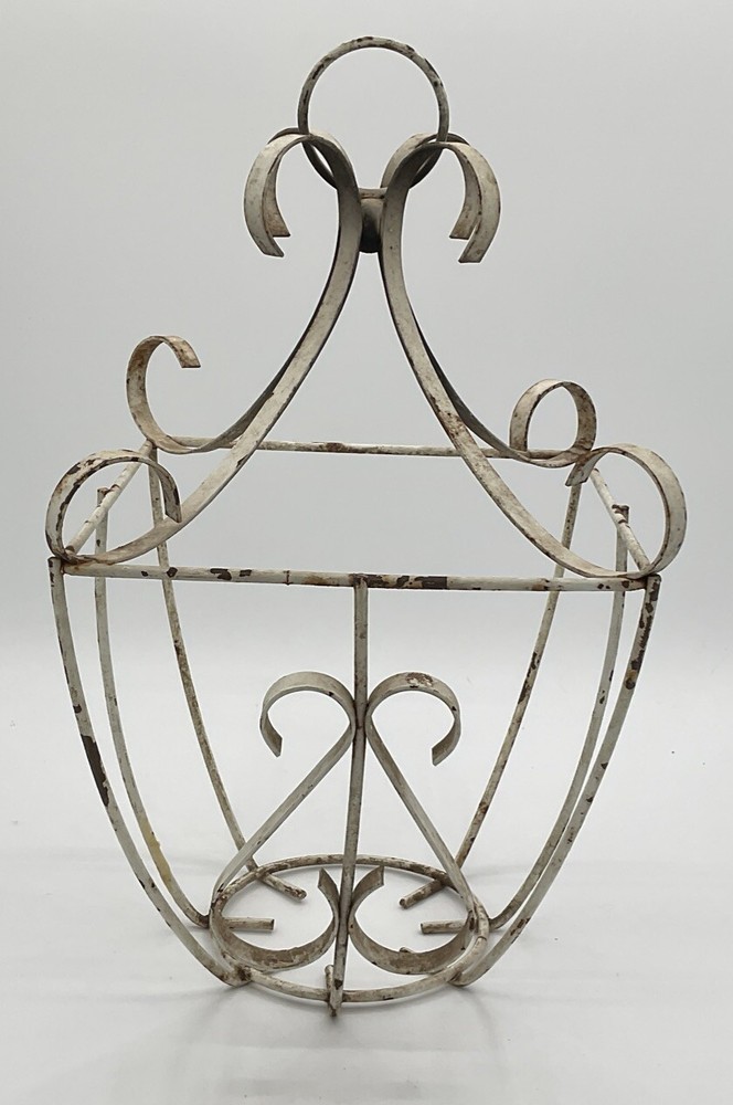 Shabby Chic Metal Hanging Planter White Rusty Chippy Farmhouse 13”H