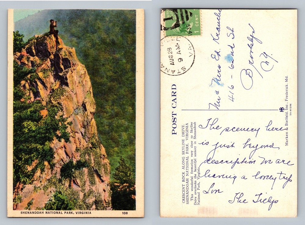 Shenandoah, VA-Virginia, Crescent Rock Scenic View PC Vintage c1938 Postcard