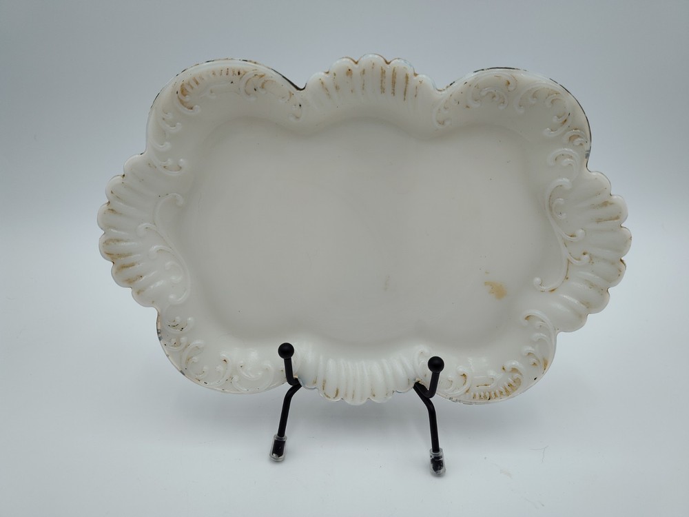 Antique White Milk Glass Dresser Vanity Tray w Painted Embossed uranium