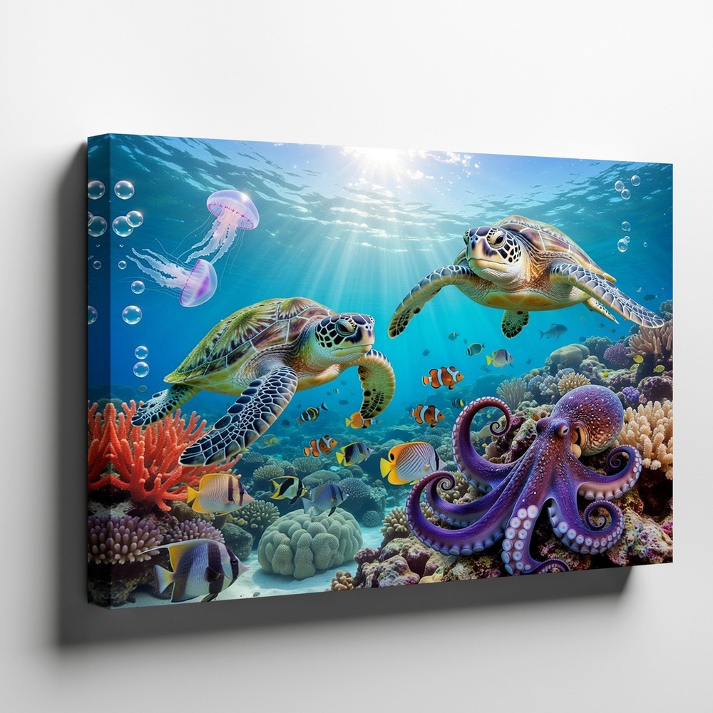 Underwater Sea Life Canvas Wall Art with Sea Turtles Octopus Coral Reef Print