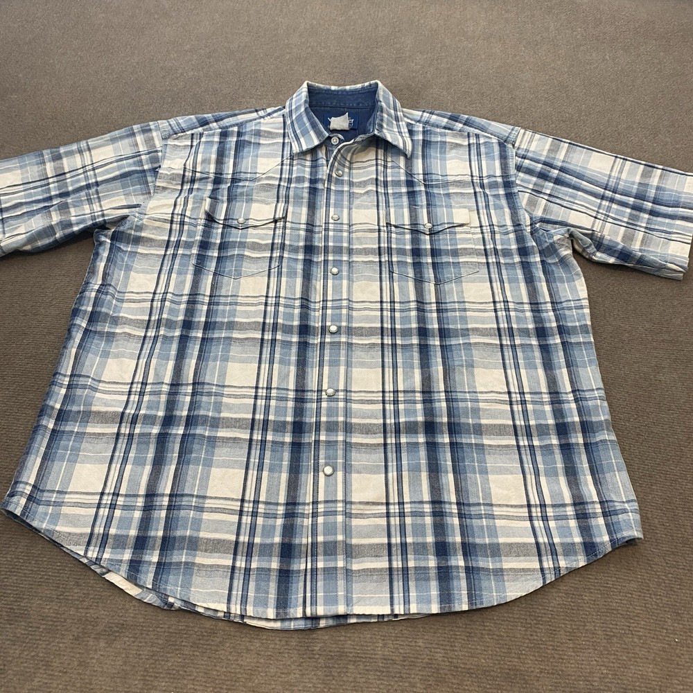 vtg Wrangler Shirt Mens 2XL Blue Plaid Short Sleeve Denim Pearl Snap Western