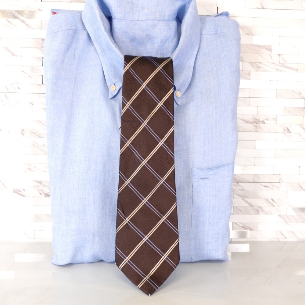 Caldiane Neck Tie Mens Brown White Plaid Silk Formal Simple Narrow Classic Italy
