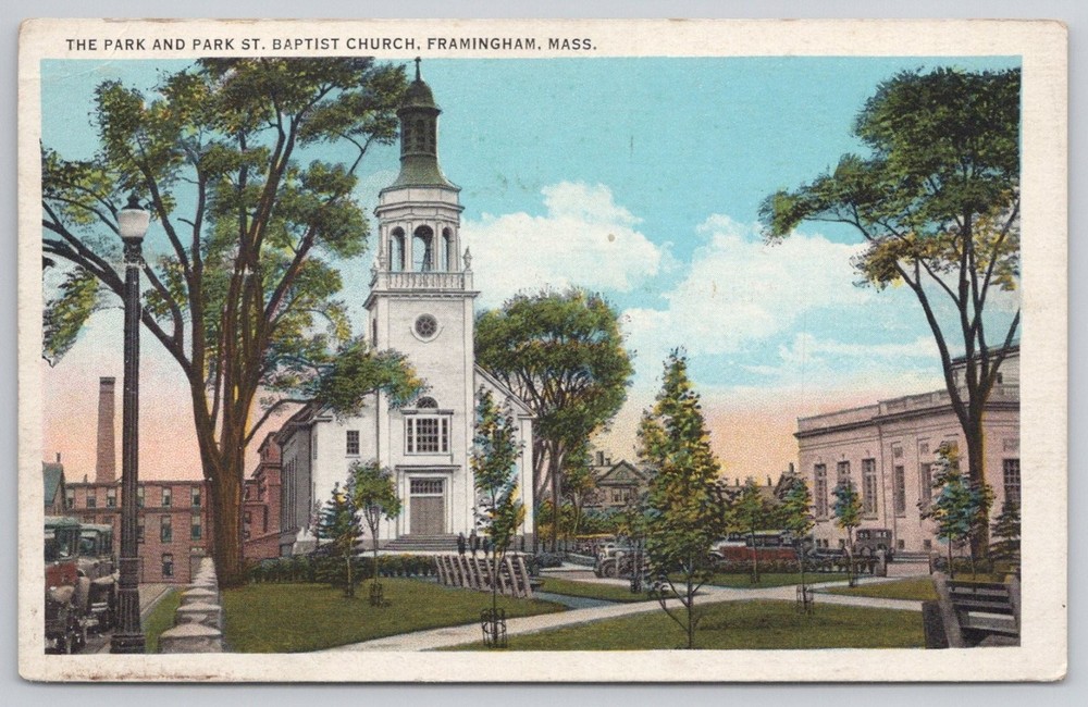 Park & Park St Baptist Church Framingham, MA Postcard Tichnor Quality View