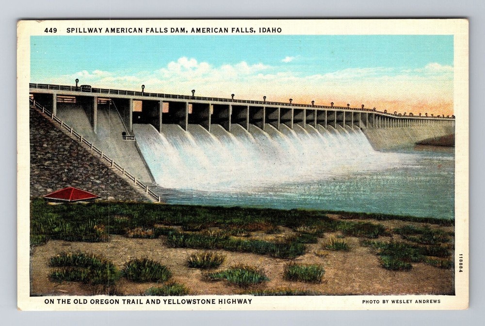 American Falls ID-Idaho, American Falls Dam, Antique Vintage Souvenir Postcard