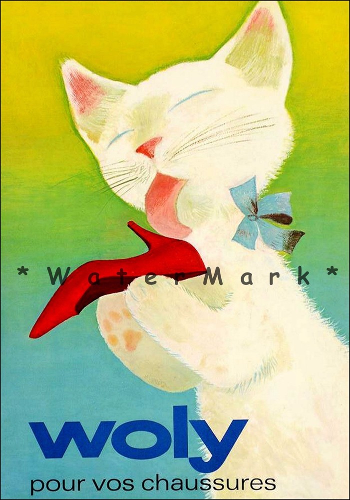 Woly French Fashion Shoes Vintage Poster Print White Cat Art Advertisement