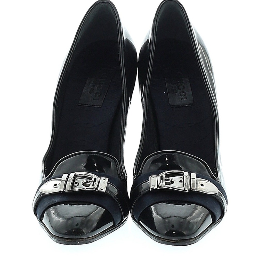 Gucci Black Patent Leather Silver Buckle Blue Accent Heels EU 36 C