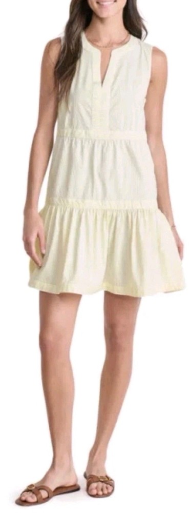 Vineyard Vines Performance Harbor Stripe Seersucker Tiered Dress Yellow Medium