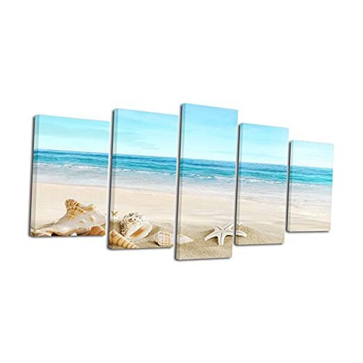 Seashell 5-Panel Seascape Canvas Print Modern Coastal Landscape Art  