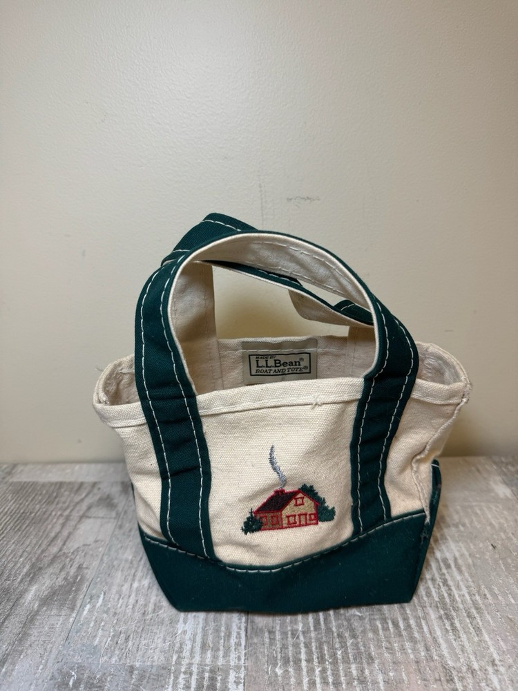 VTG L.L.Bean Mini Boat & Tote Log Cabin Canvas Bag in Ivory Green Made in USA