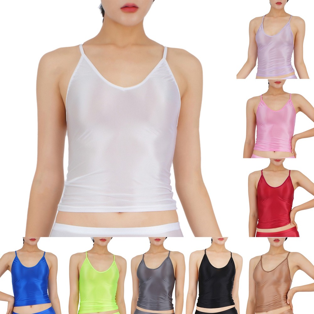 Women's Ice Silky Glossy Cami Top Spaghetti Straps Slim Fit Tank Top Vest Tee