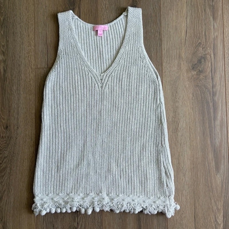 Lilly Pulitzer Women's Grey Sleeveless V-Neck Pom Pom Hem Knit Tank Top Size S