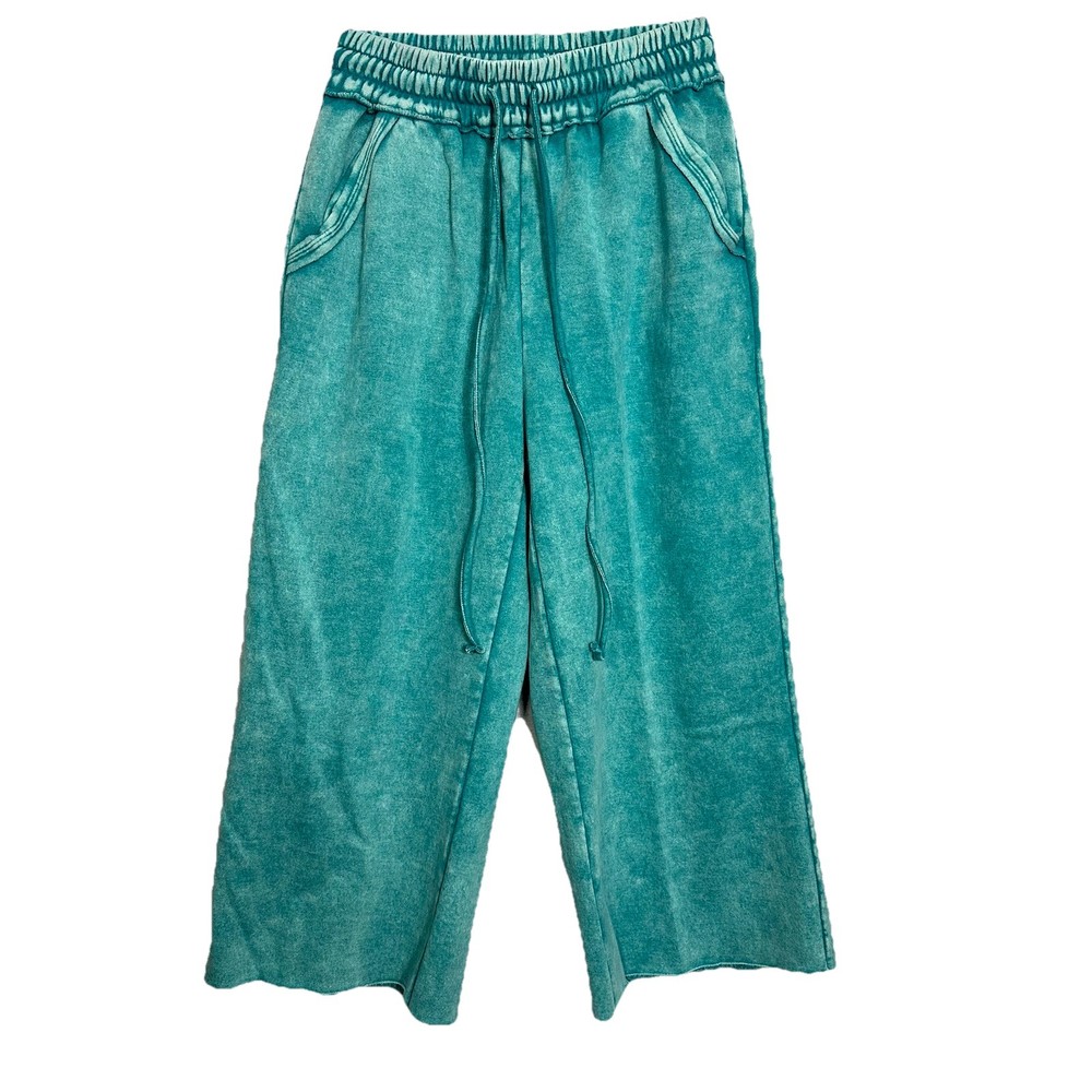 ACID WASH FLEECE SMALL PALAZZO SWEATPANTS WITH POCKETS DRAWSTRING BAND WAIST-image