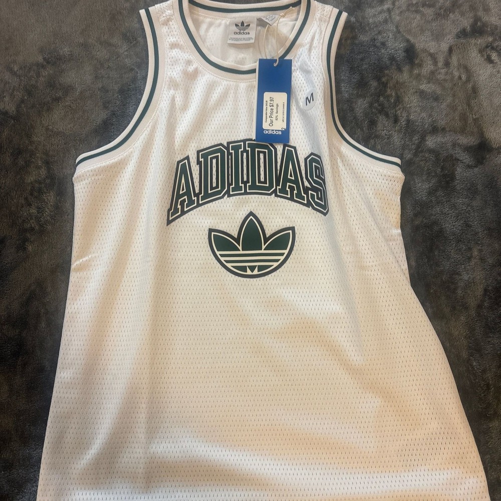 NWT Adidas Originals Boys JV1980 Mesh Basketball Tank Top White/Green Size Mediu