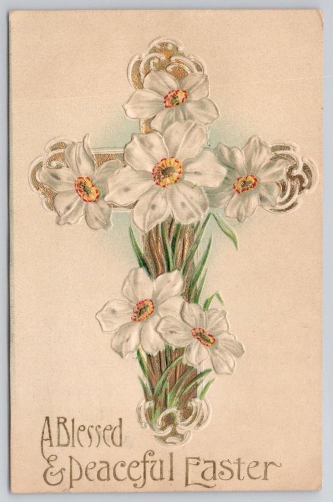 1908 Easter Postcard Embossed Daffodils Cross Philadelphia PA Postmarked