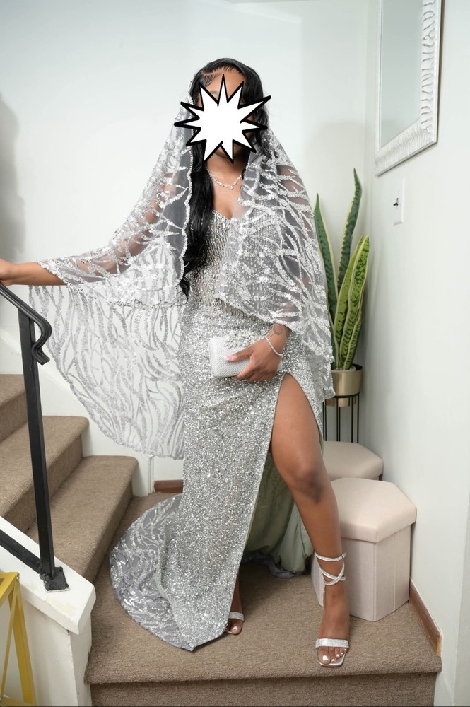 Silver Sequin Embellished Slit Formal Evening Prom Gown Dress