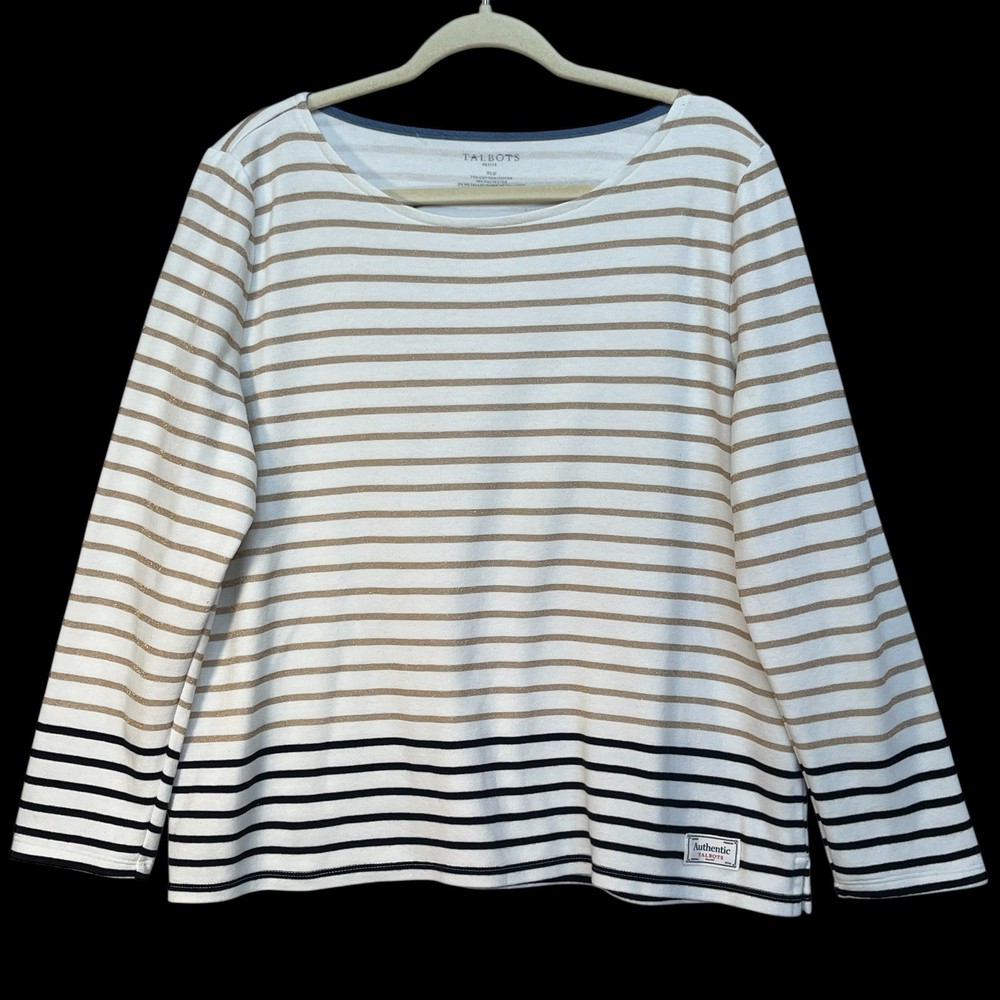 Talbots Size XLP Striped Long Sleeve Top White Gold Metallic Navy Blue Boat Neck
