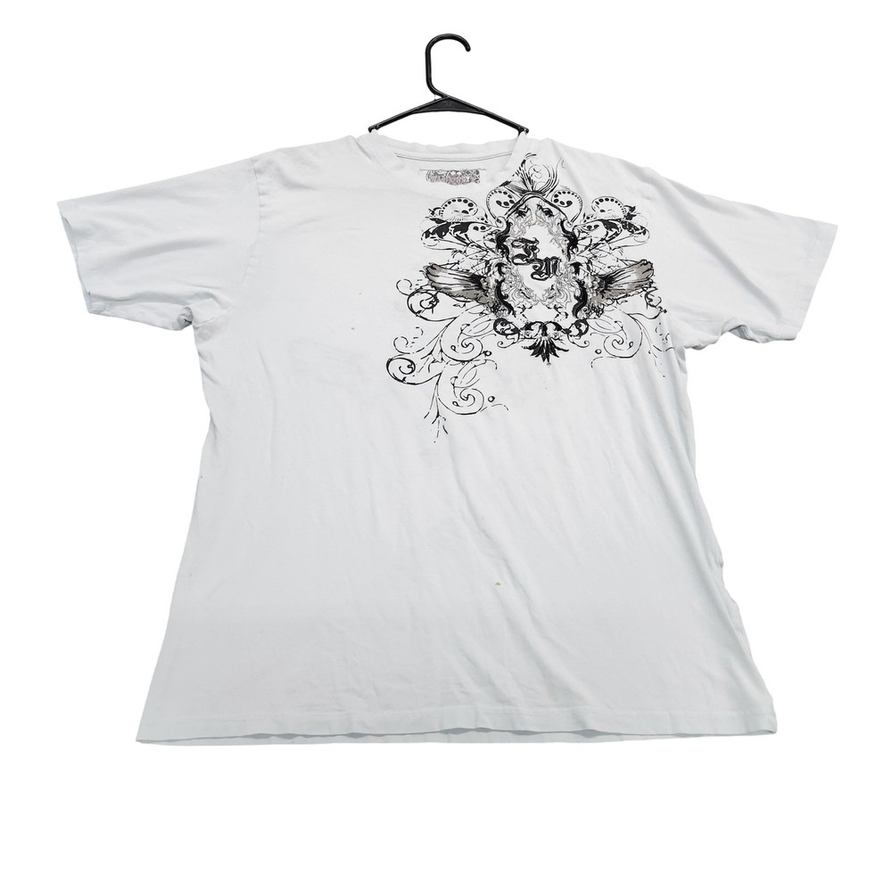 Y2K Shirt Mens Large White Gothic Skull Wings Graphic Tee Tattoo Streetwear Top