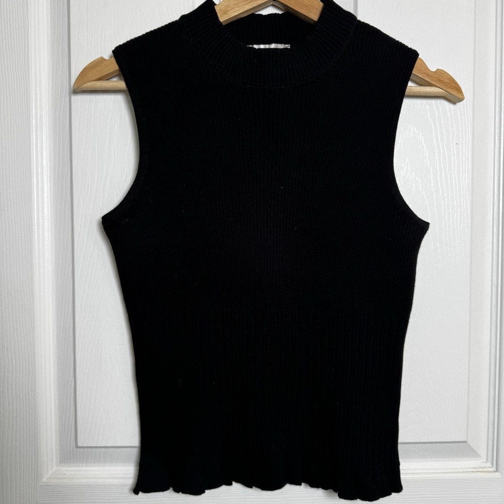 St. John Sport Black Ribbed Sleeveless Mock Neck Knit Top Size Small Classic