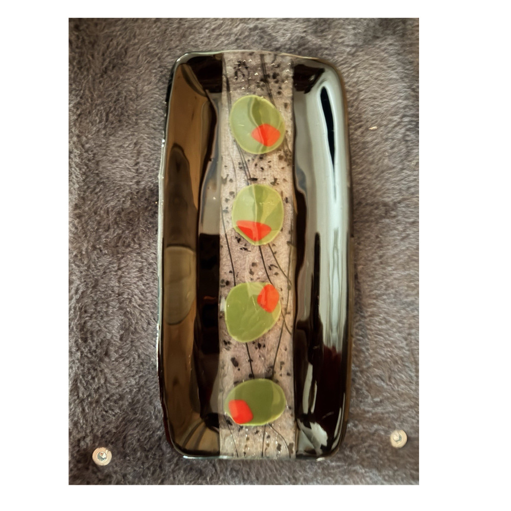 Fused Art Glass Rectangular Platter Abstract Pattern Green Red Black Beige