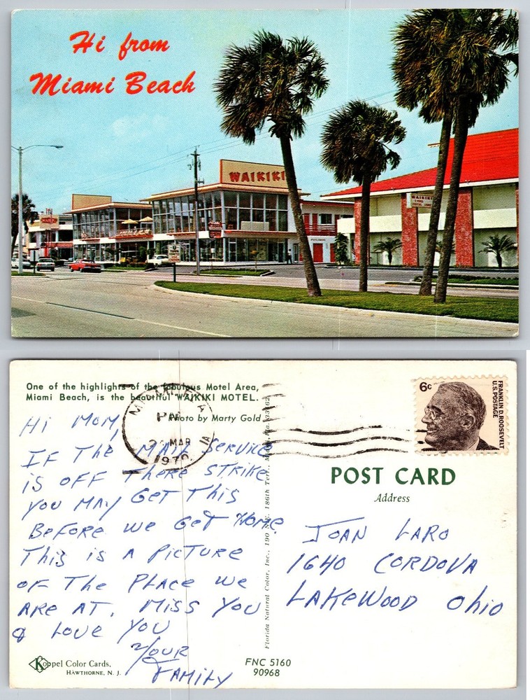 Vintage Waikiki Motel Miami Beach FL Postcard 1970 Palm Trees Chrome