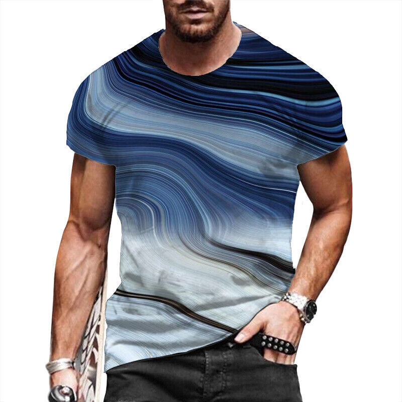 Men T-Shirt Fashion Blue Marble Graphic Print Short Sleeve ActiveWear T Shirt