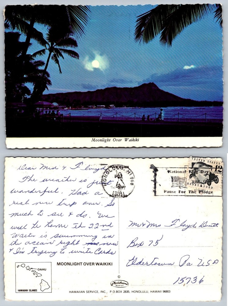 Vintage 1968 Moonlight Waikiki Beach Diamond Head Hawaii Honolulu Postcard