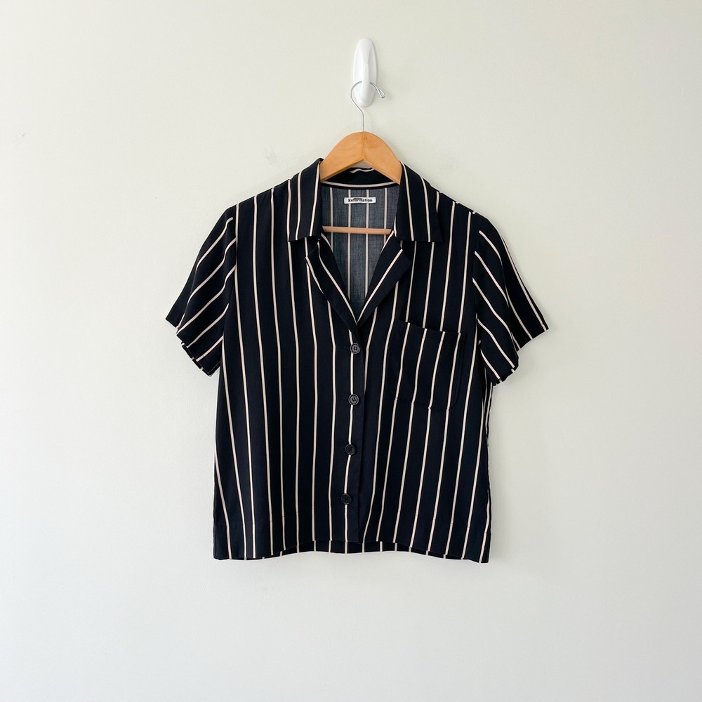 Reformation Cuba Black Striped Short Sleeve Button Down Top, Size Small