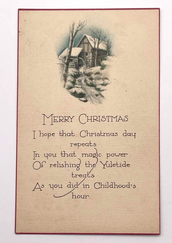 Antique Merry Christmas Poem Snow Cottage Winter Scene Red Border Postcard