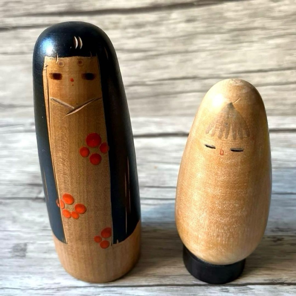 Sanpei Yamanaka Kokeshi Dolls Set of 2 Vintage Handmade Japanese Art