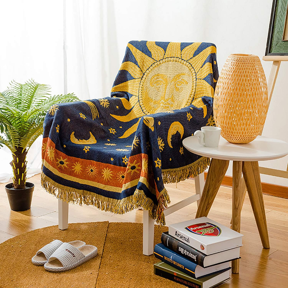 Hippie Sun Moon Stars Celestial Double-Sided Throw Blanket Tapestry