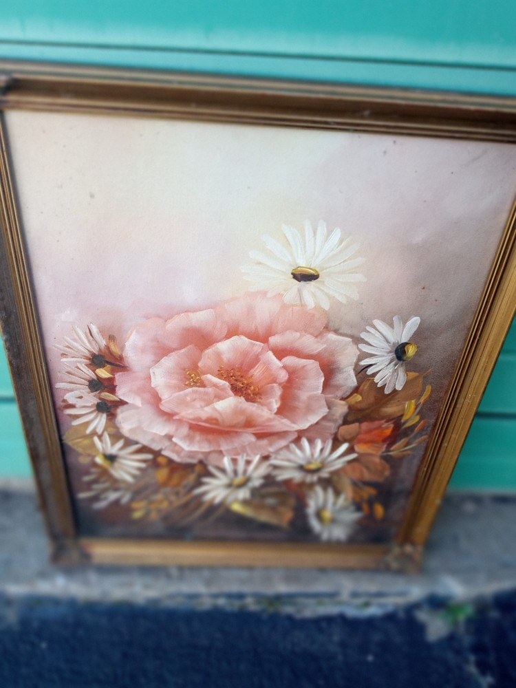 Vintage Oil Painting Wood Framed Peach Flower Still Alive