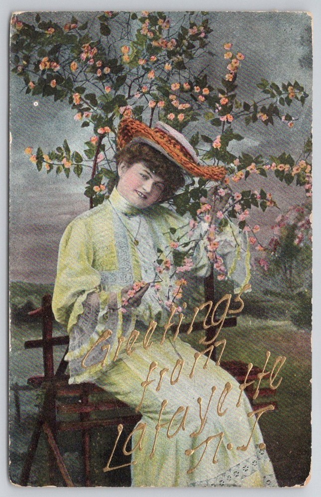 1909 Greetings from Lafayette Indiana Postcard Woman Flowers Embossed Gold