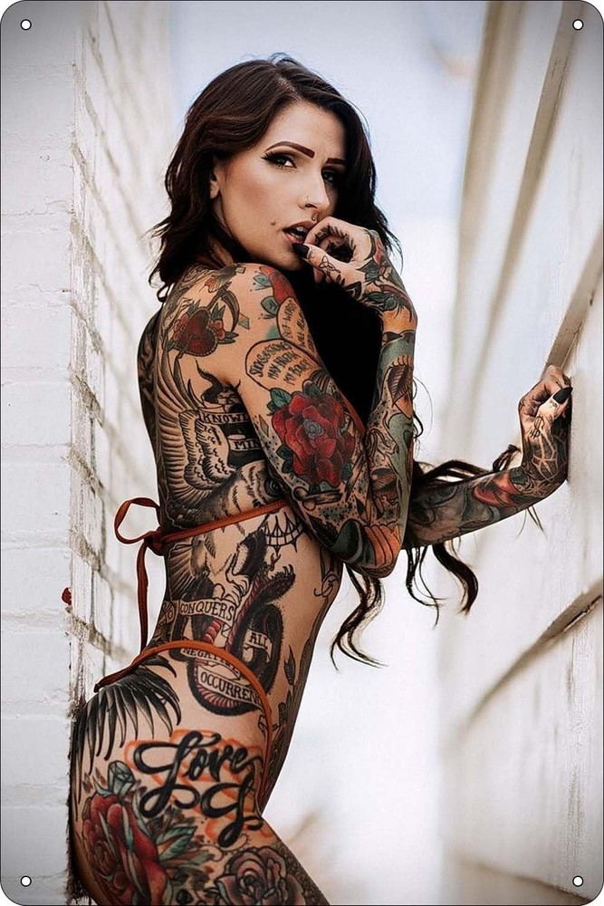 Vintage Tin Metal Sign Tattoo Pinup Girl Poster Sexy Women Body 8x12