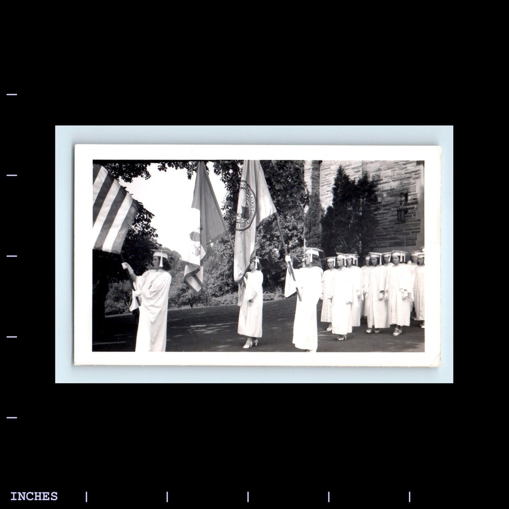 Old Vintage Photo WOMEN GRADUATION CAP AND GOWN HOLDING FLAGS CEREMONY