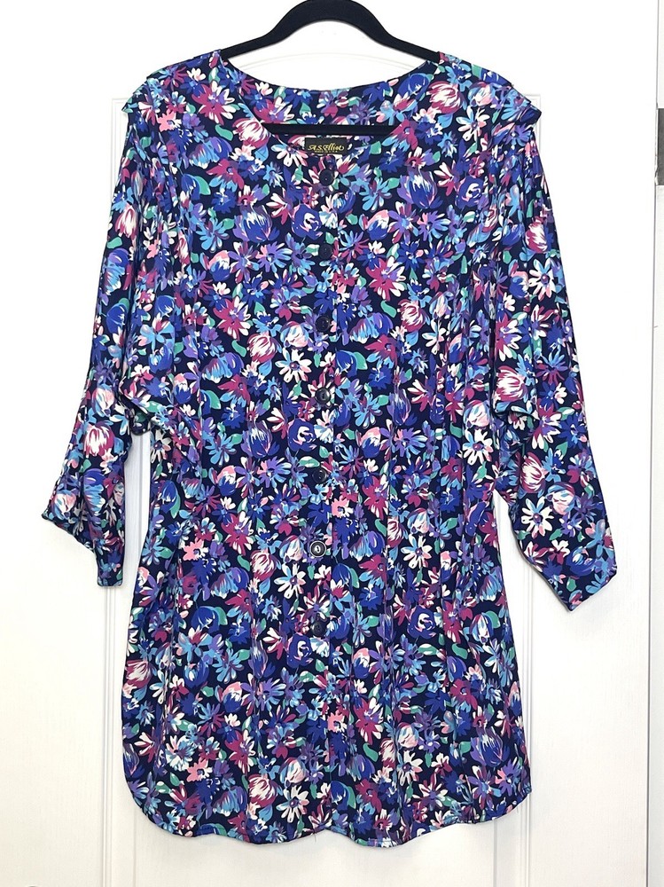 Vintage A.S. Elliot Floral 2 Piece Set Size 24 Button Up Top & Skirt Blue Purple