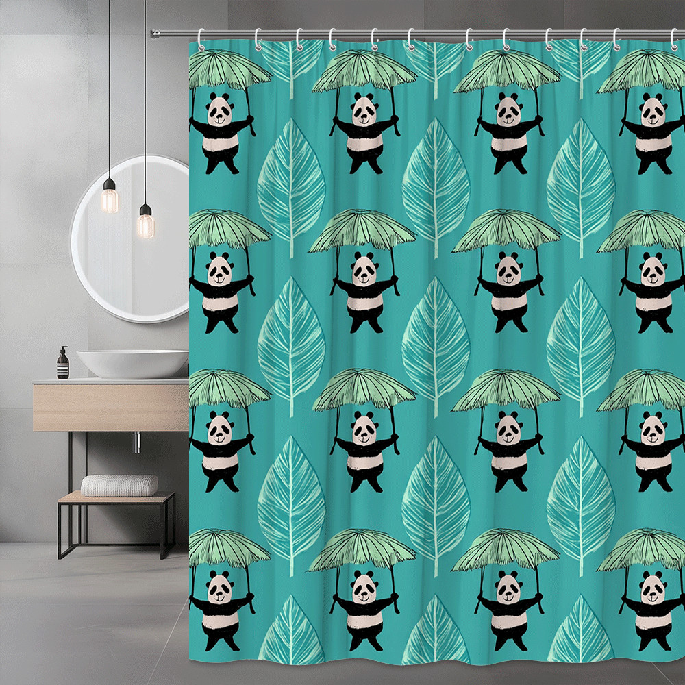 Panda Leaf Print Shower Curtain Teal Animal Pattern