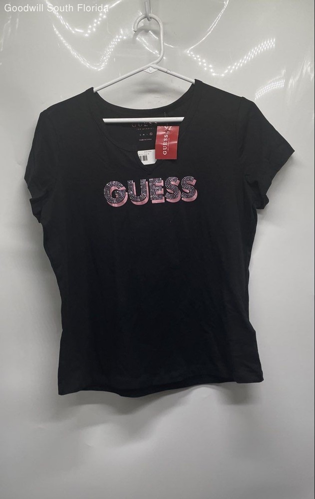 Guess Womens Black Pink Split Neck Short Sleeve Pullover T-Shirt Sz XL With Tags