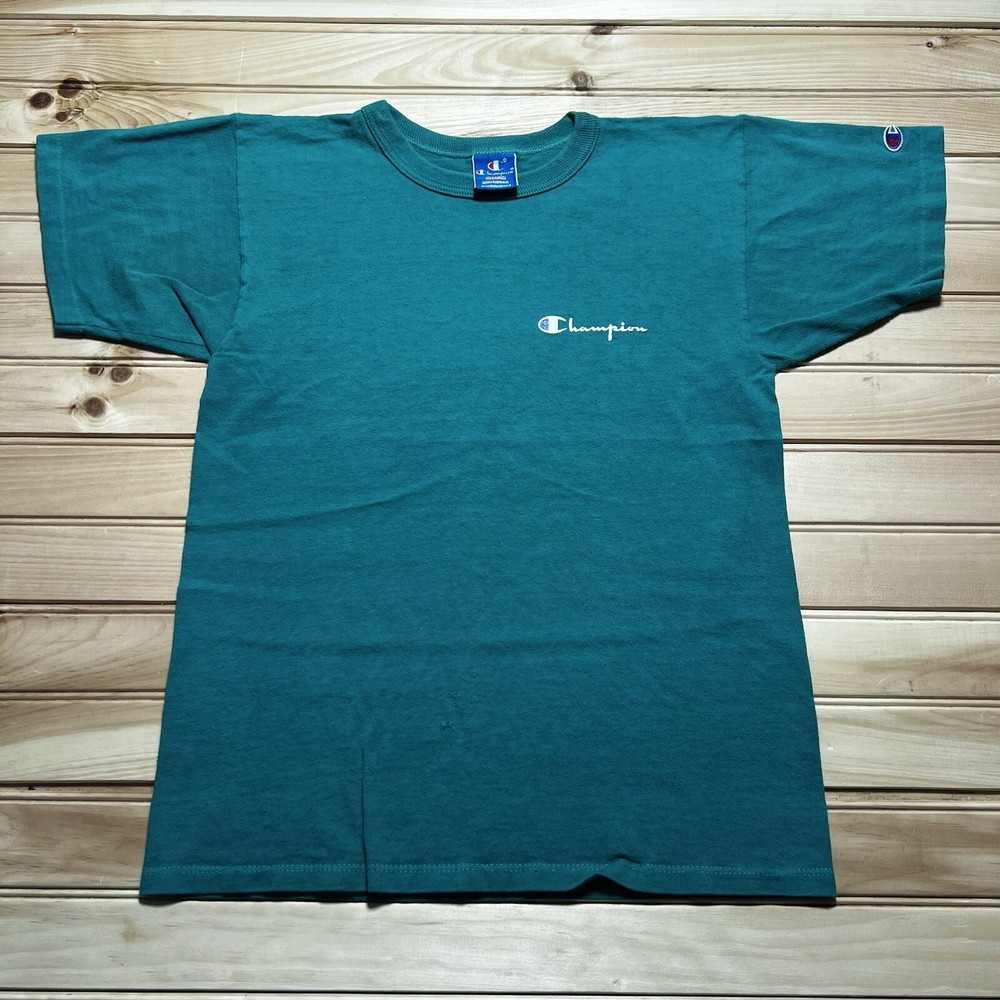 Vintage 90s Champion Blank Spell Out Script Shirt Teal Blue Men’s Size Medium