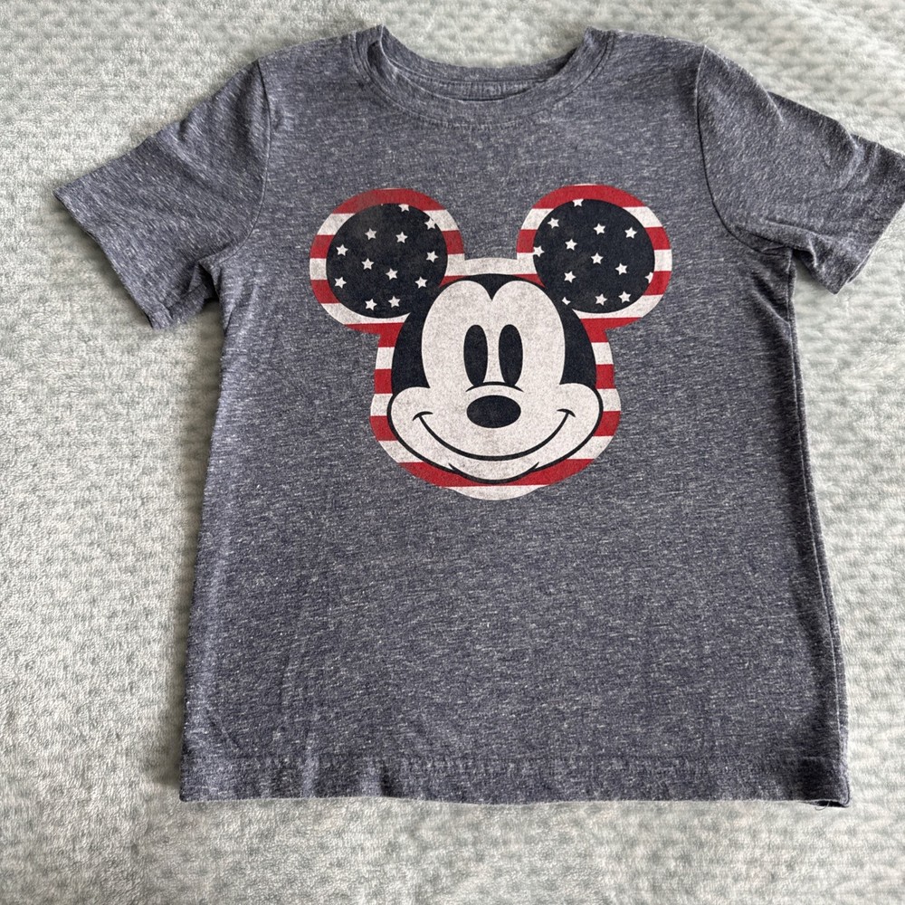 Disney Mickey Mouse Patriotic USA Graphic Tee Shirt Top Heather Gray 5T
