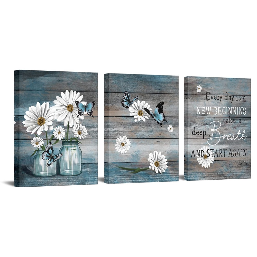 RyounoArt 3 Piece Daisy Wall Art Butterfly Inspirational Picture on Canvas fo...