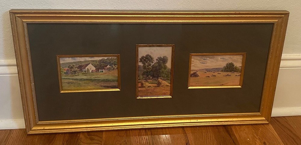 Set of 3 Original Antique French Signed Watercolor Landscape Paintings