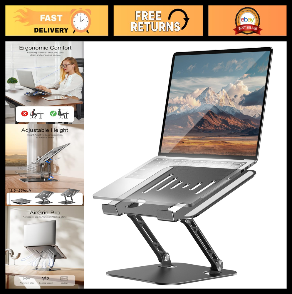 Adjustable Aluminum Laptop Stand - Portable Ergonomic Riser for 10-17