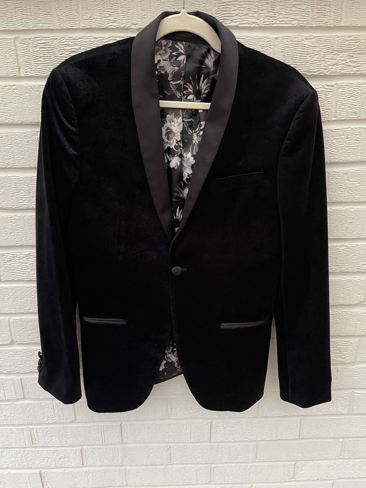 Next Mens Jacket 36S Black Velvet Slim Tuxedo Blazer Lapels Smoking Paisley